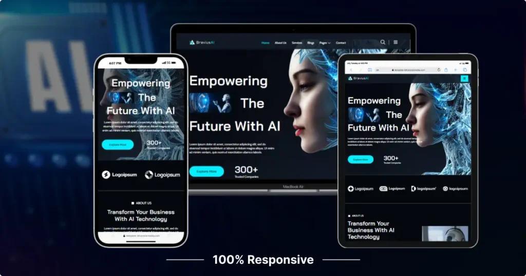 BraviusAI – Powerful Artificial Intelligence Website Templates That Build Instant Credibility 10 Responsive Mockups 1 - Artificial Intelligence Website Templates